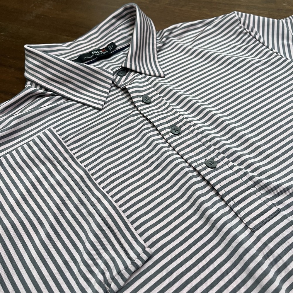 RLX Ralph Lauren Golf Polo Mens L Pink Gray Stripe Performance